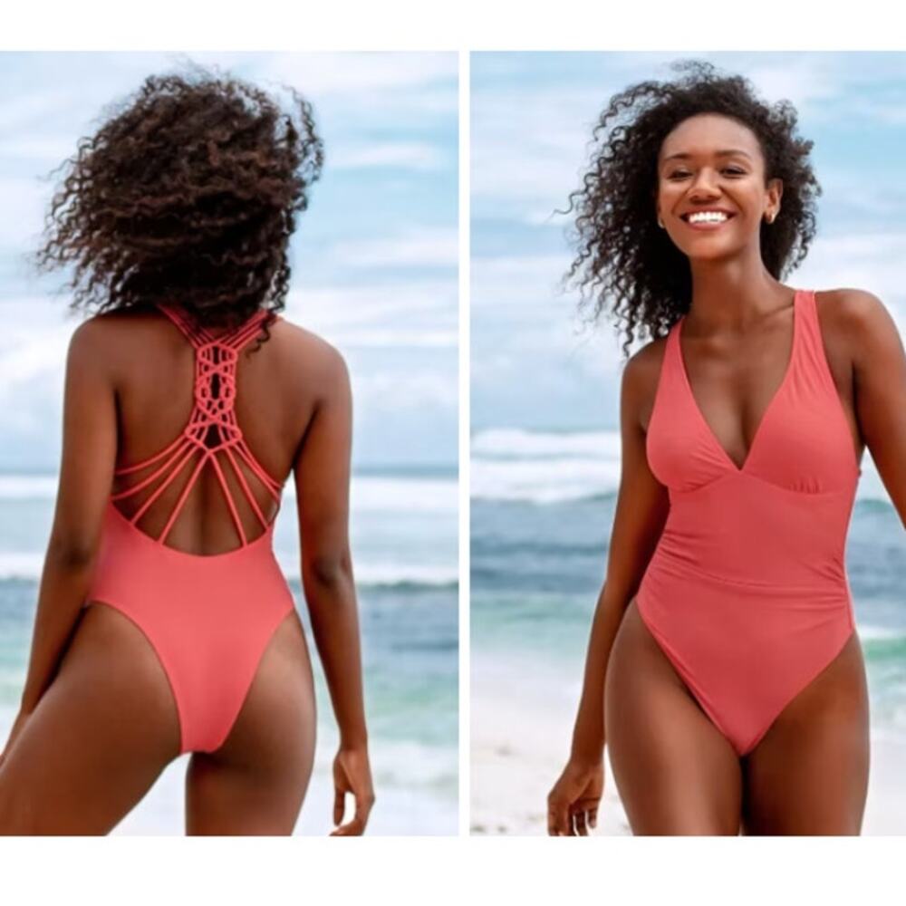 Cupshe Crochet Back Orange Coral Womans‎ One Piece Swimsuit Woman's Size XS NWT